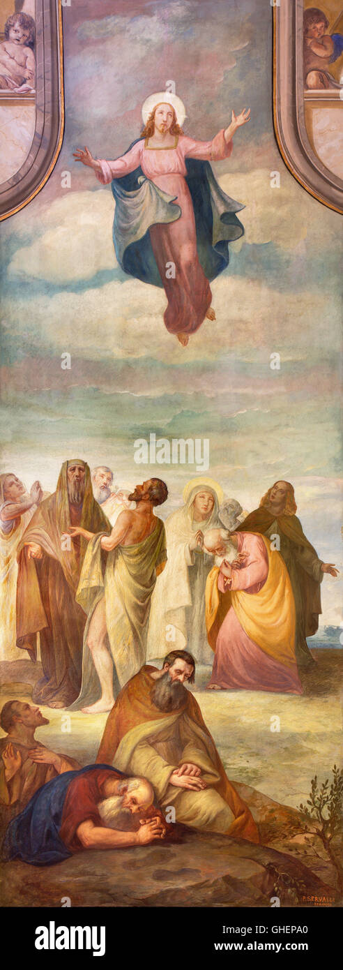 BRESCIA, Italien - 22. Mai 2016: Das Fresko der Himmelfahrt des Herrn in der Kirche Chiesa di Cristo Re von Pietro Servalli (1883-1973). Stockfoto