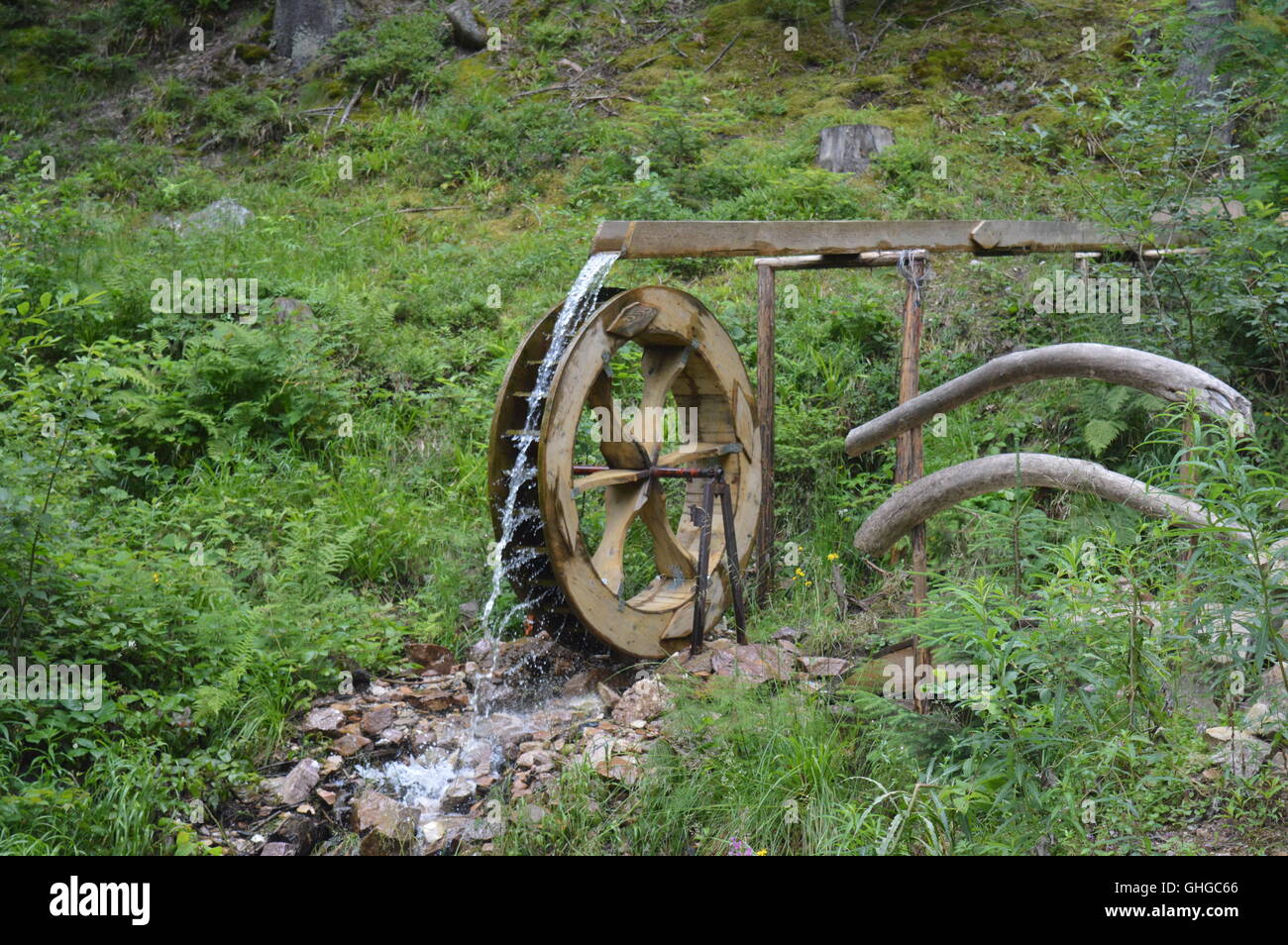 Ein Mühlrad in einem Wald Stockfoto