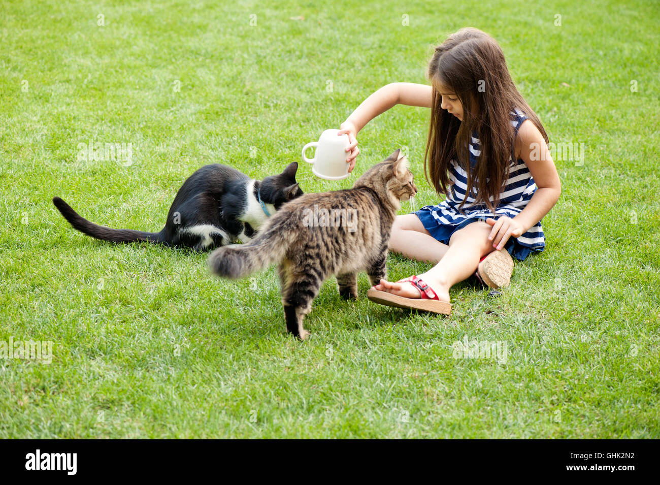 Kleines Mädchen im Garten füttern ihre Haustiere Stockfoto