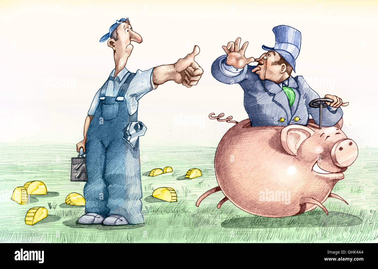 ein Arbeiter bittet um einen Übergang zu einem Patch auf ein Sparschwein, sondern erhält nur ein necken Stockfoto