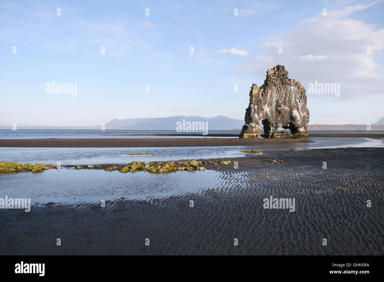 Hvítserkur Felsformation am schwarzen Strand im Norden von Island. Stockfoto