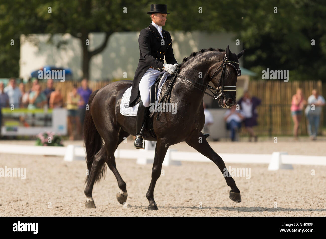 Edward Gal mit seinem Pferd Glock Stimme bei der niederländischen Dressur-Meisterschaft. Edward Gal gewann die Meisterschaft. Stockfoto