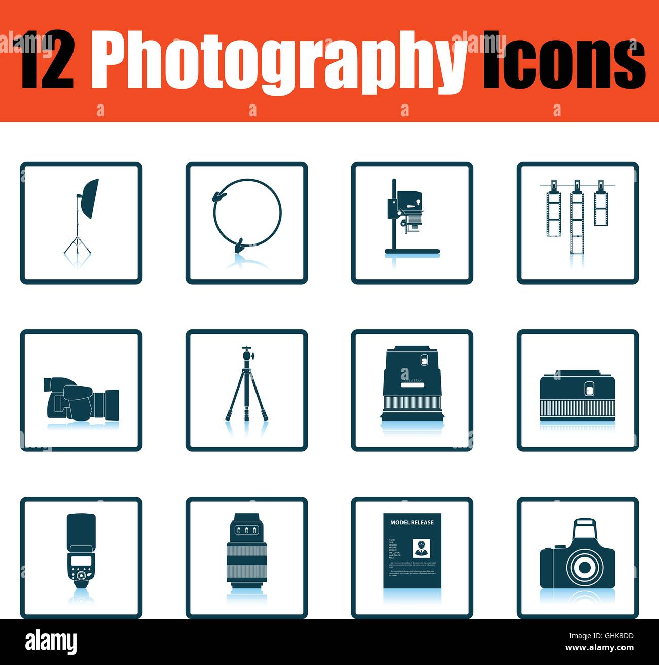 Fotografie-Icon-Set. Schatten-Reflexion-Design. Vektor-Illustration. Stock Vektor