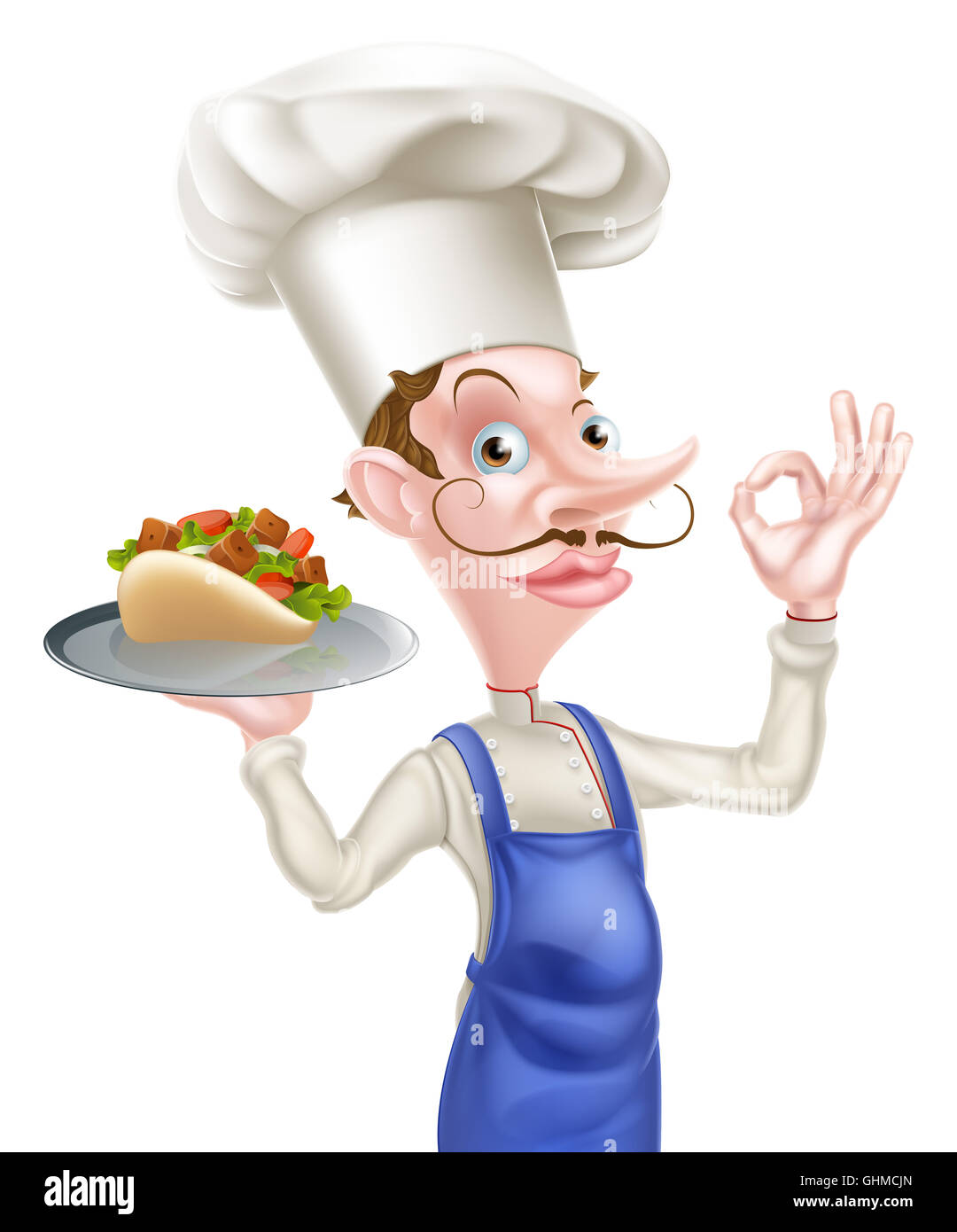 Ein Beispiel für einen Cartoon Chef Holding Kebab perfekte Zeichen Stockfoto