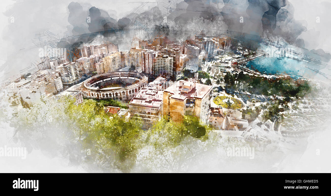 Panoramablick auf Málaga Stierkampfarena und den Hafen, Spanien. Digitalen Aquarellmalerei Stockfoto