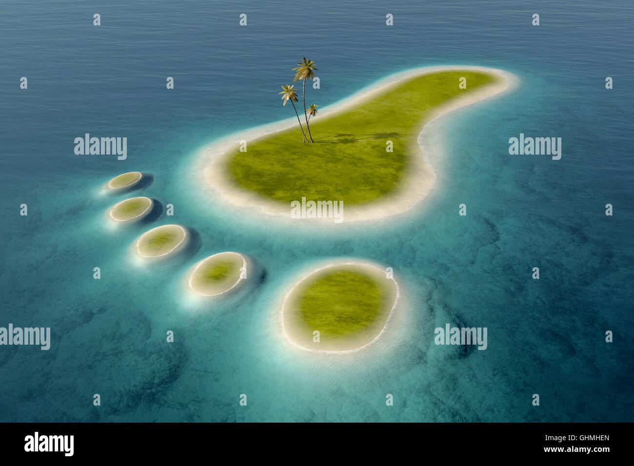 Grüne Inseln mit weißen Stränden in der Form eines Grundrisses, umgeben von tropischen Meerwasser. Konzeptionelle 3D Stockfoto