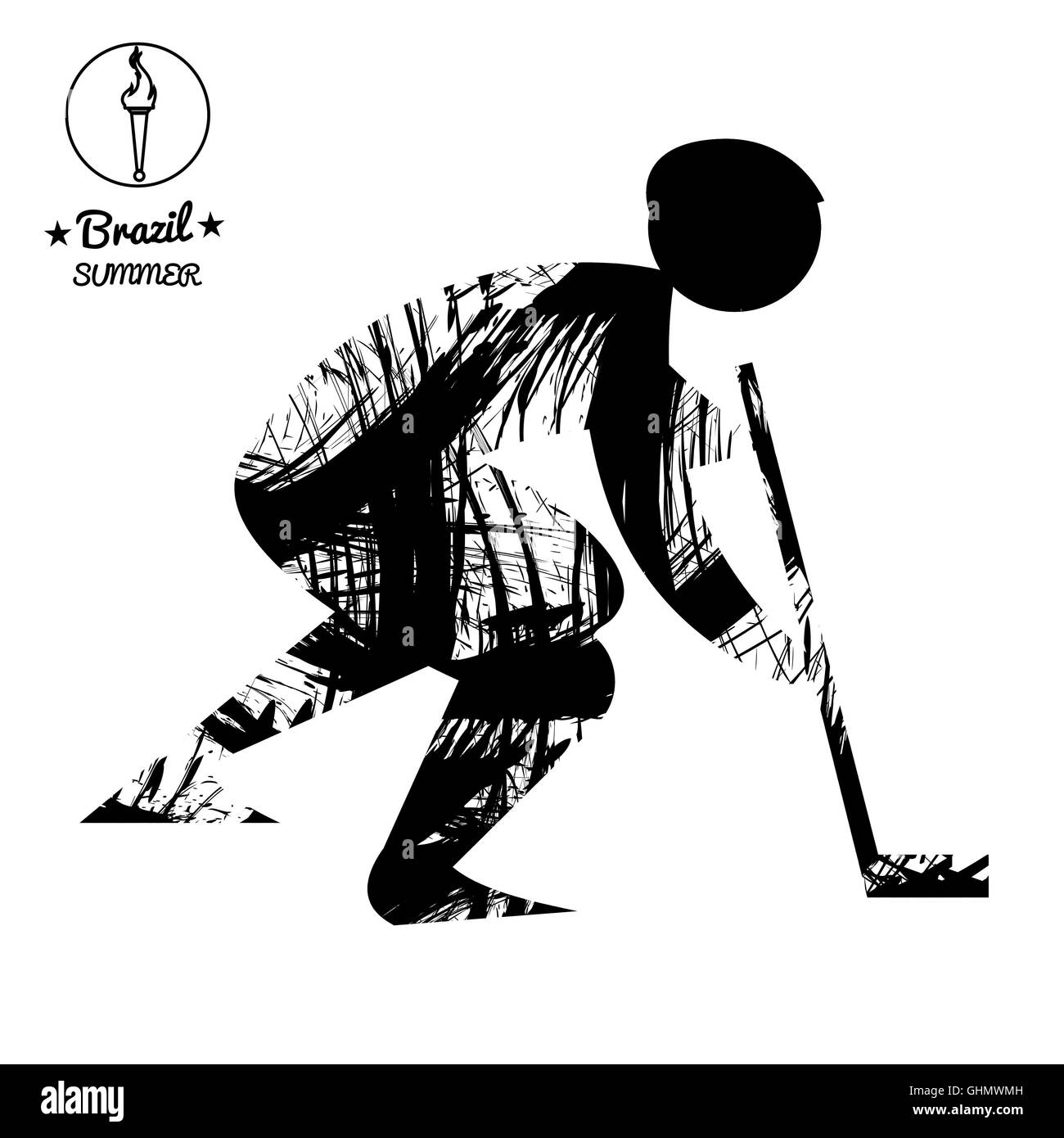 Sommercard Sport Brasilien mit einer abstrakten Hockey-Spieler im schwarzen Konturen. Digitale Vektor-Bild Stockfoto