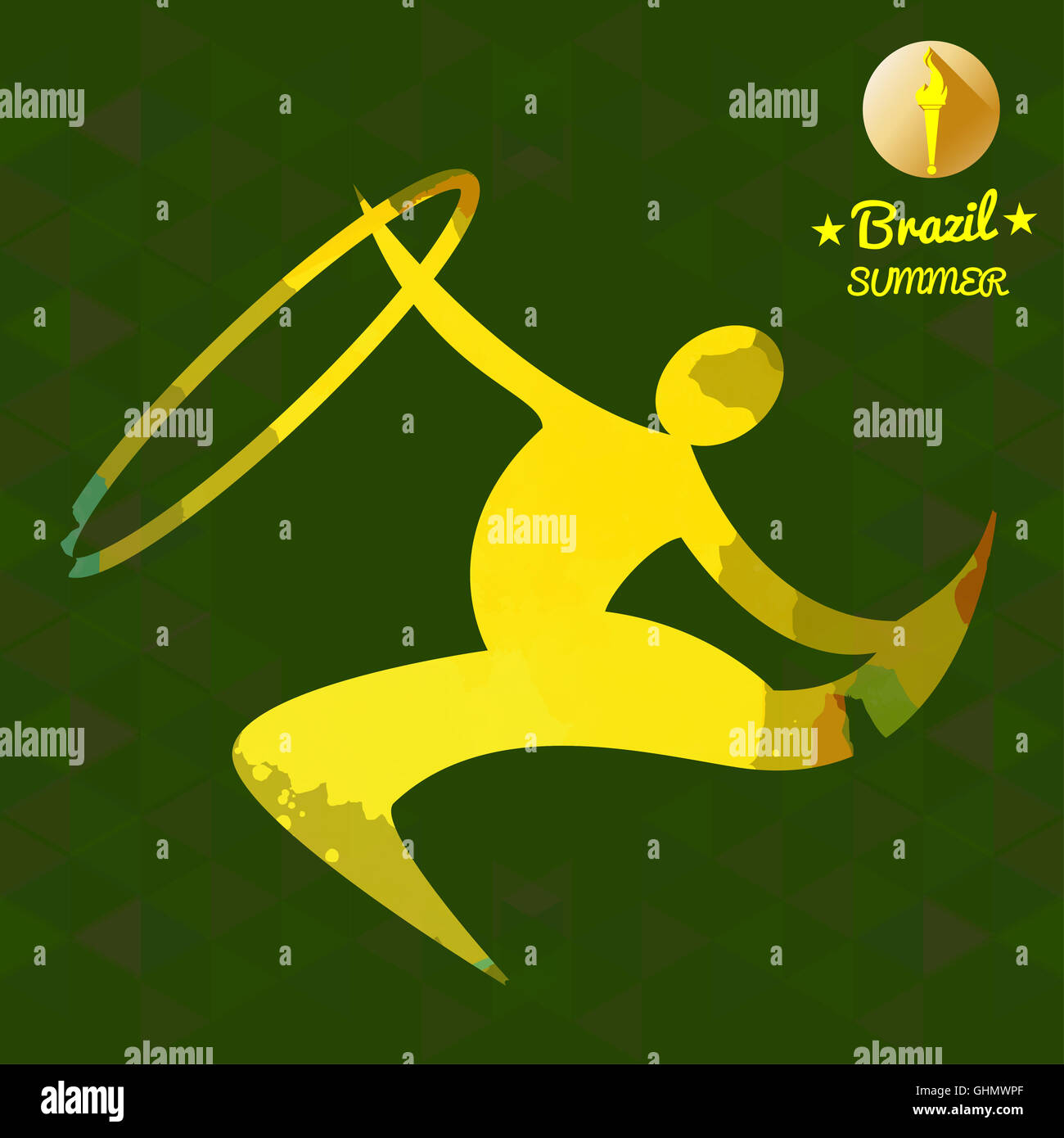 Sommercard Sport Brasilien mit einem gelben abstrakte rhythmische Hoop Gymnastik Player. Digitale Vektor-Bild Stockfoto