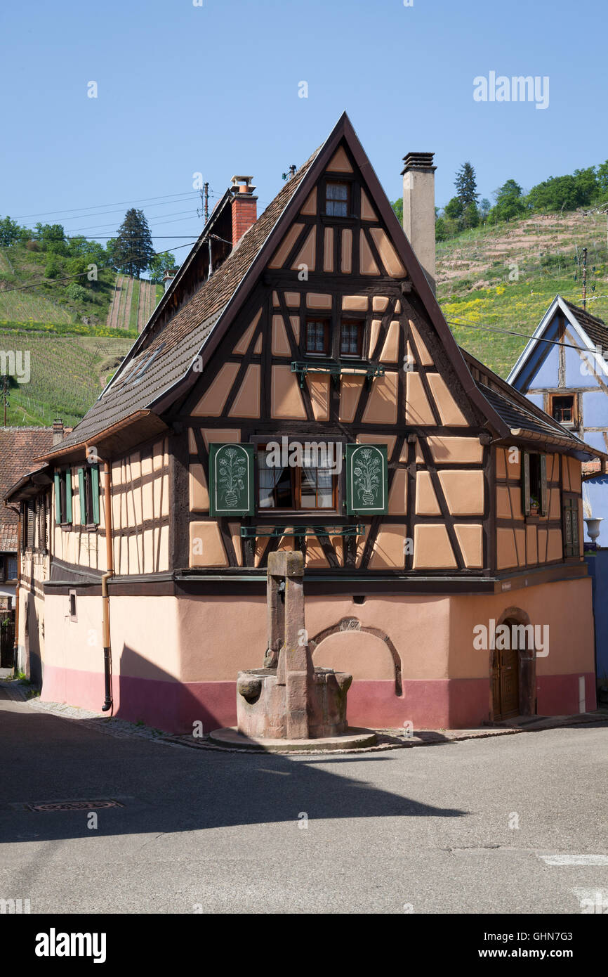 Traditionelles Fachwerkhaus in Niedermorschwihr, Elsass, Frankreich. Stockfoto