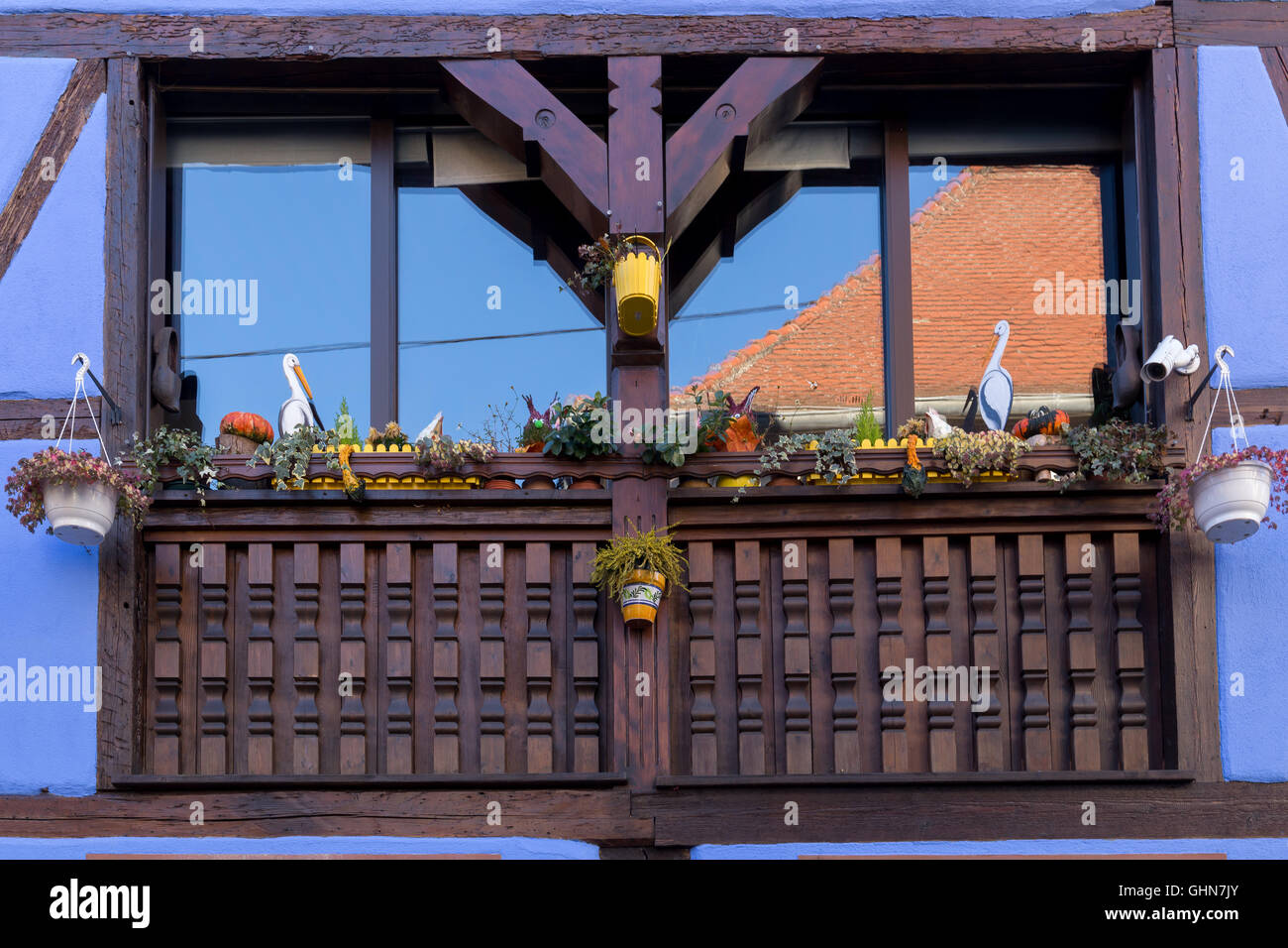 Haus Dekoration, Ribeauville, Elsass, Frankreich. Stockfoto