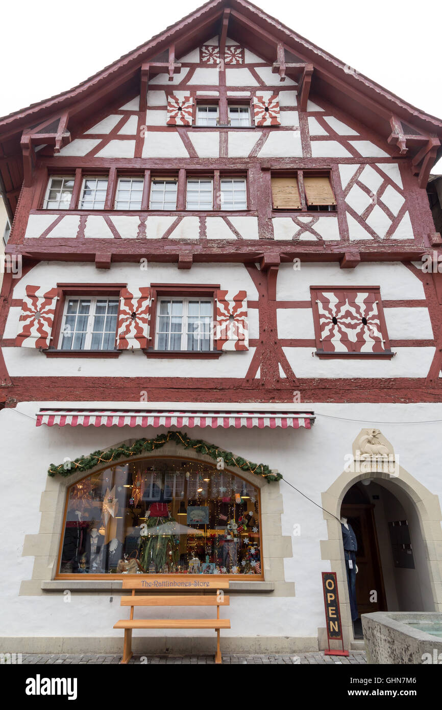 Fachwerkhaus in steim am Rhein in der Schweiz. Stockfoto