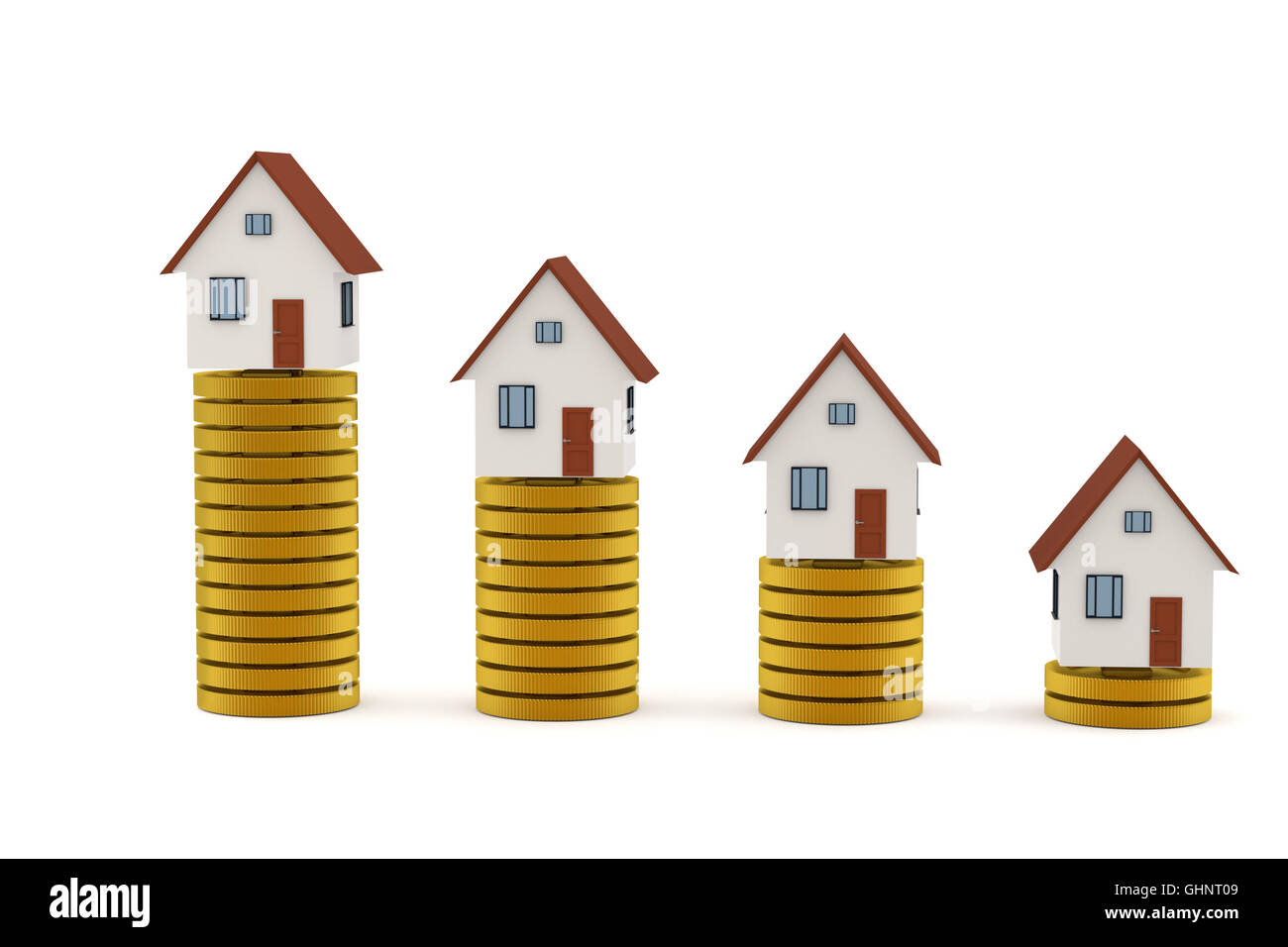 3D-Rendering Hypothek Konzept: Häuser auf goldene Münze Stacks Stockfoto