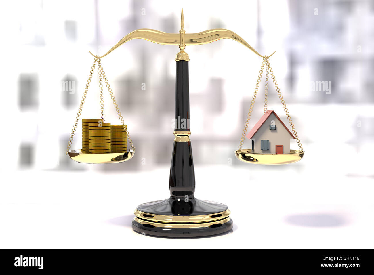 3D-Rendering des klassischen Waage der Gerechtigkeit mit Stapeln von Münzen und ein Haus, Waage Waage Stockfoto