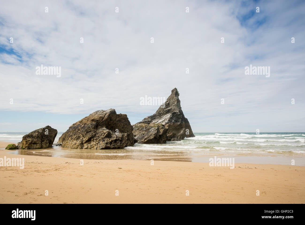 Bedruthan Steps, einen fabelhaften Strand an der Nordküste von Cornwall in England, UK Stockfoto