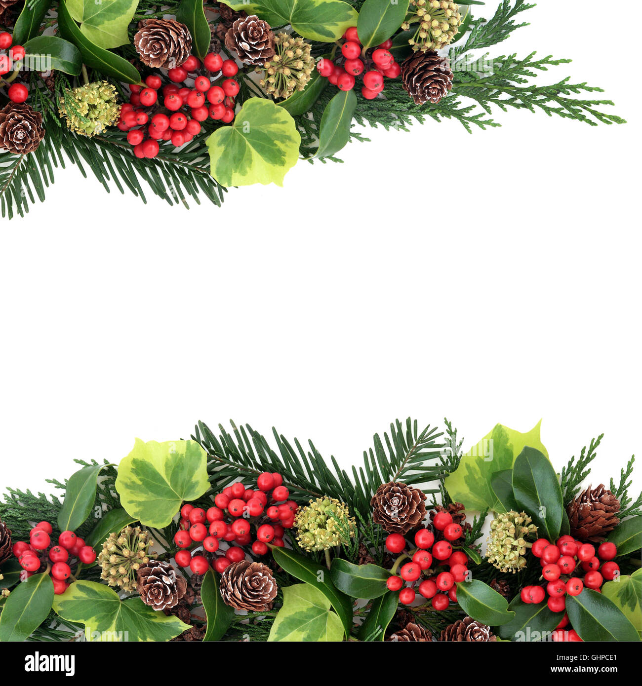 Traditionelle Weihnachten Hintergrund Grenze der Winter Flora mit Holly und roten Beeren, Efeu 
