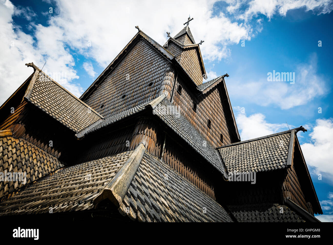 Nahaufnahme von Eidsborg hölzerne Stabkirche Kirche in Telemark, Norwegen Stockfoto