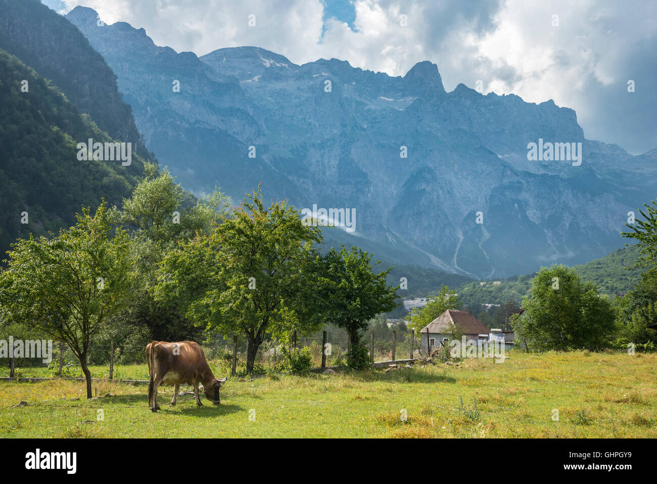 Blick über das Dorf Theth mit den albanischen Alpen, Radohima-massiv in den Hintergrund, Nordalbanien. Stockfoto
