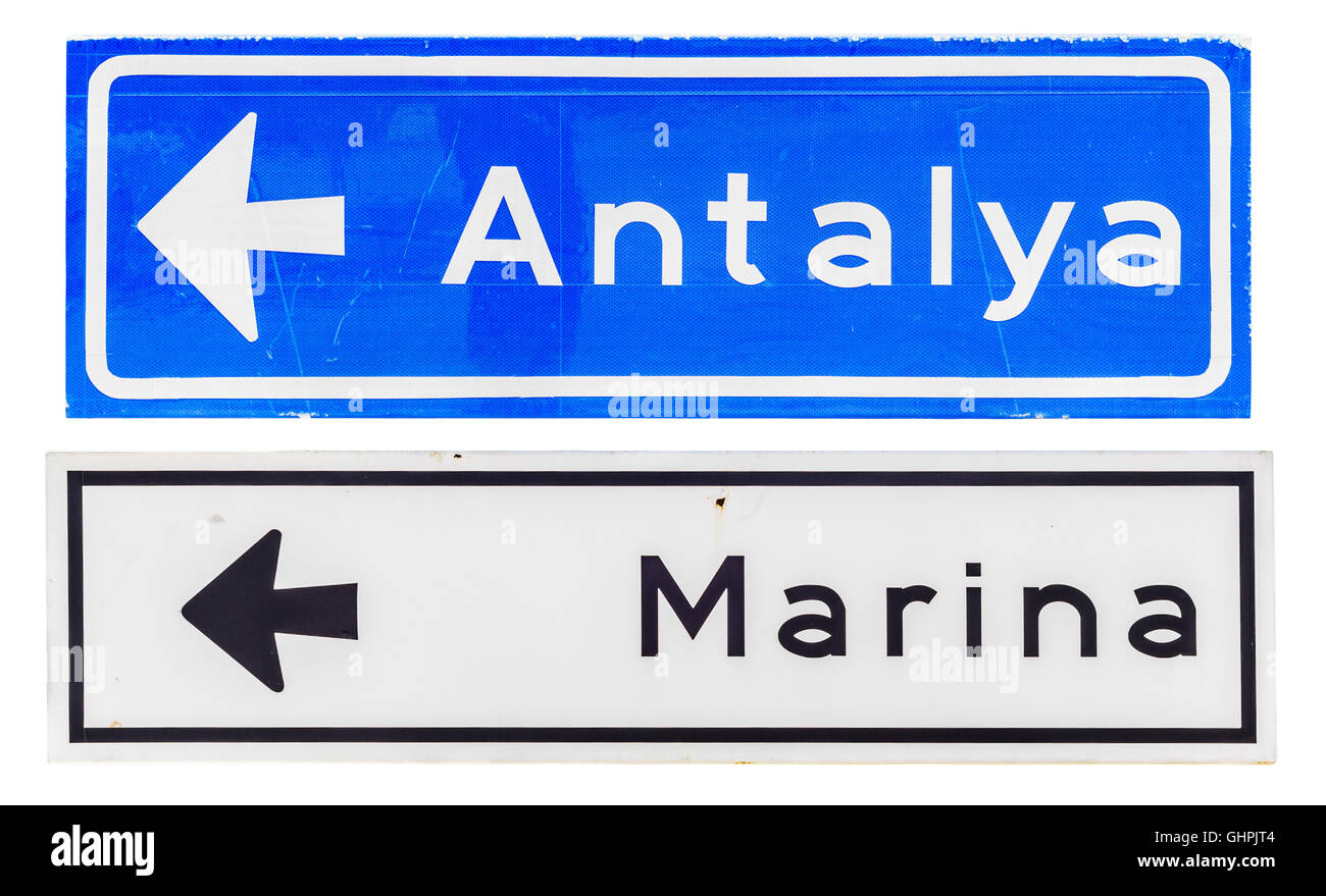 Verkehrszeichen Antalya, Marina isoliert auf weißem Hintergrund. Stockfoto