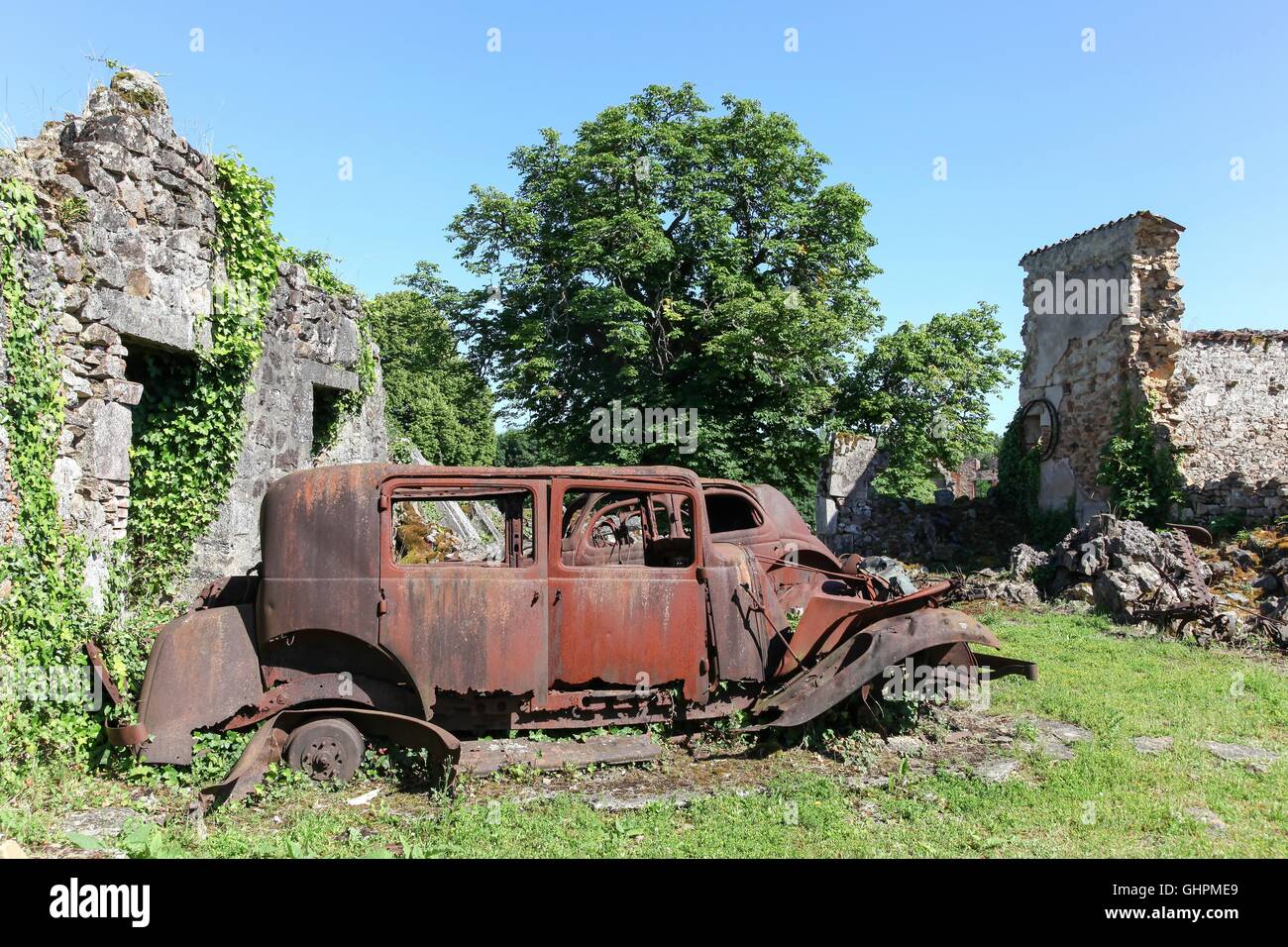 Zerstörte Dorf von Oradour Sur Glane im Juni 1944, Frankreich Stockfoto