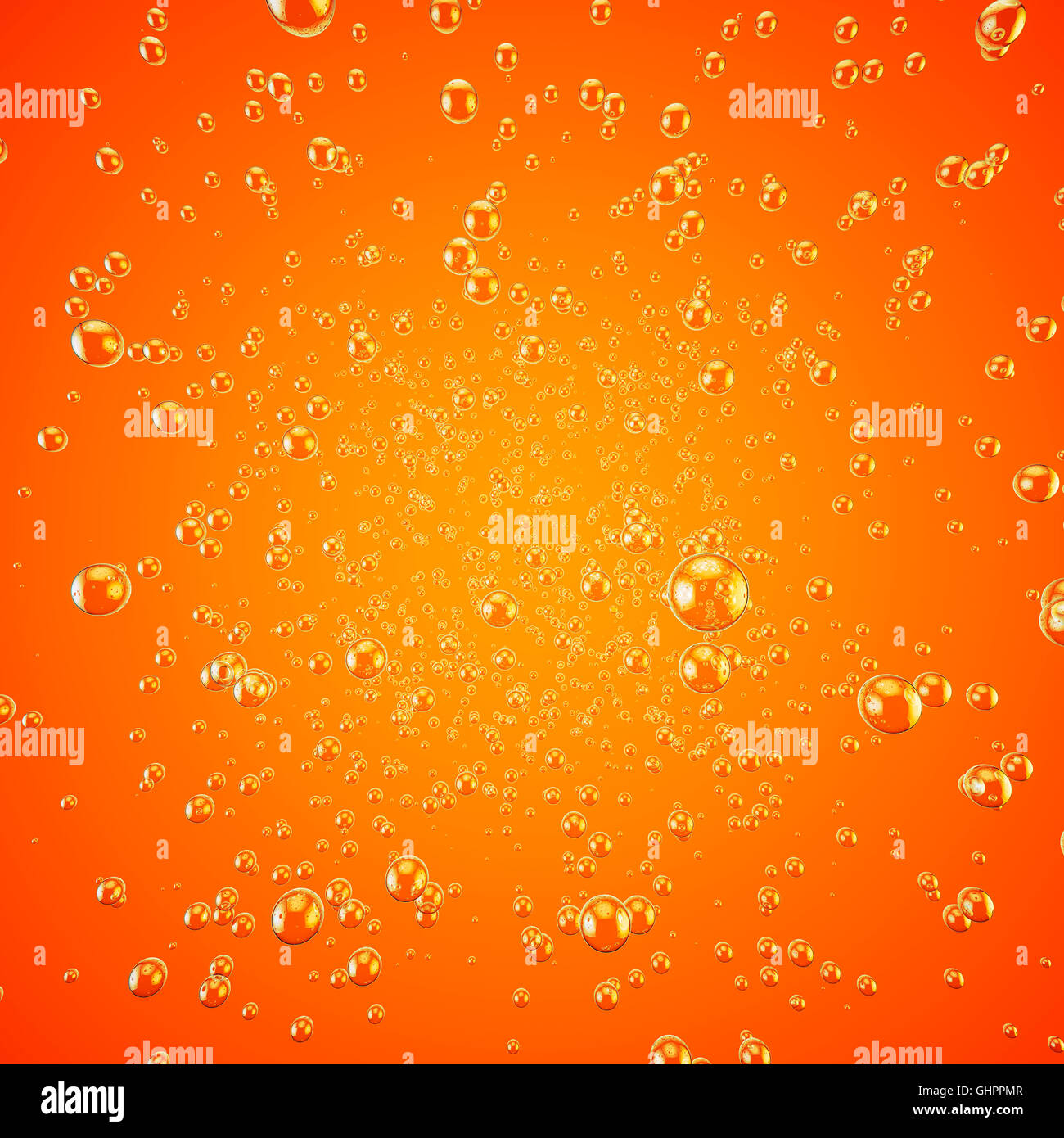 Orangenlimonade sprudelt Hintergrund / 3D Illustration des sonnigen Bläschen Stockfoto