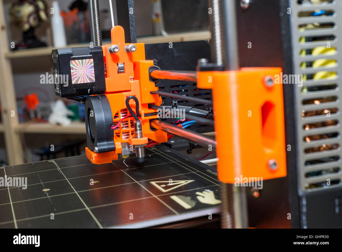 Prusa i3 Mk2, 3D-Drucker, Heizbett, Extruder, Kopf drucken Stockfoto