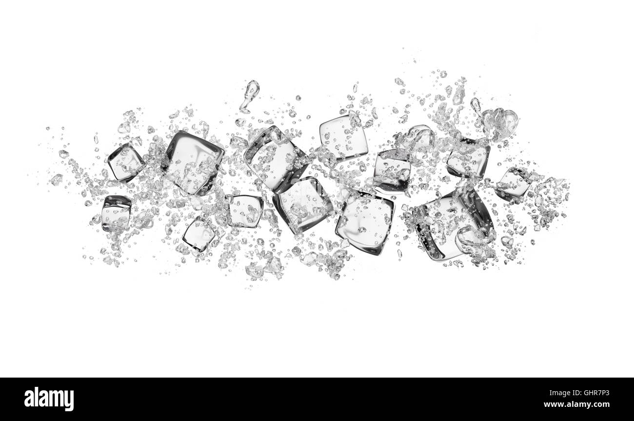 Eiswürfel mit Wasser spritzt isolierten auf weißen Hintergrund Stockfoto