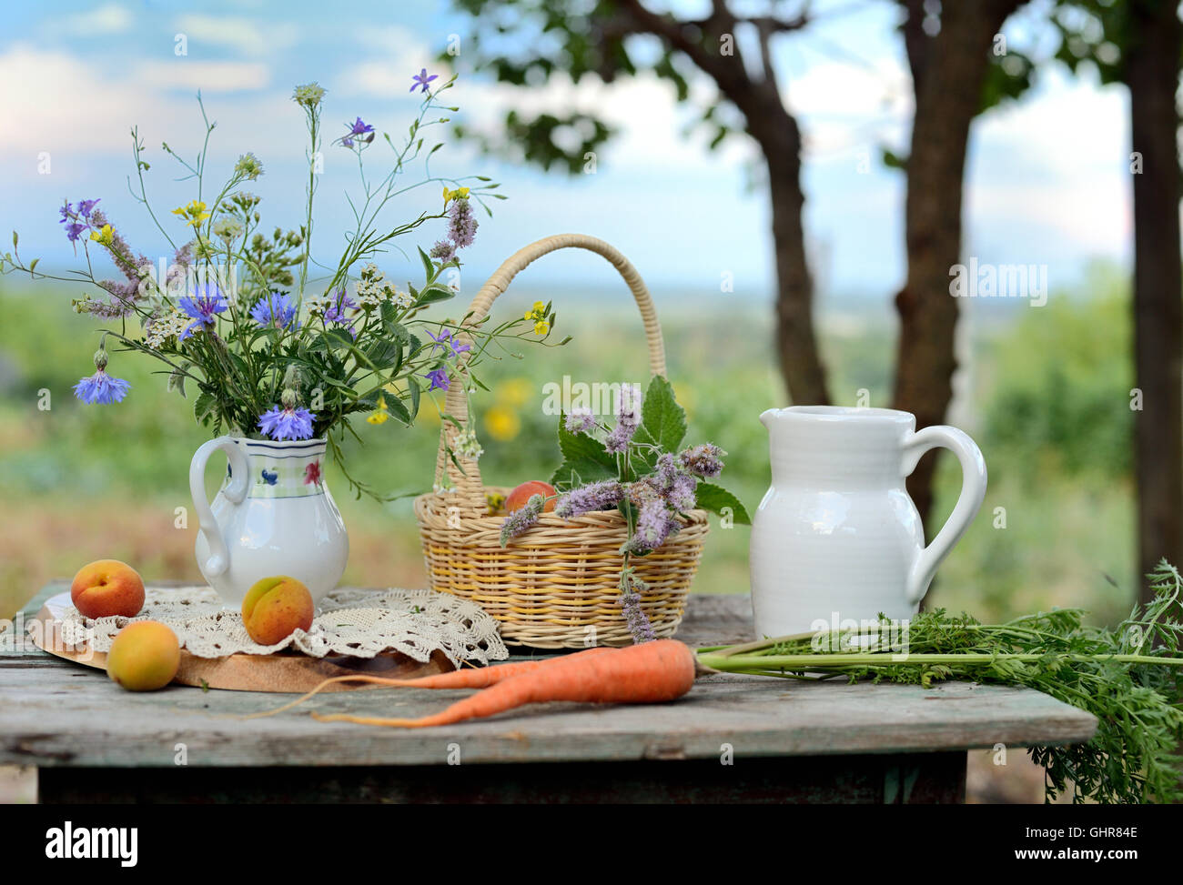 Stillleben mit Obst und Gemüse in einem Garten auf Hintergrund Stockfoto
