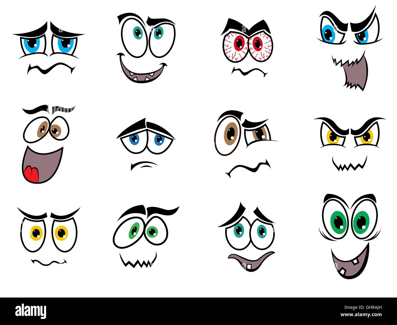 Satz von zwölf Halloween lächelt und Grimassen isoliert auf einem weißen Hintergrund, Cartoon-Vektor-illustration Stock Vektor