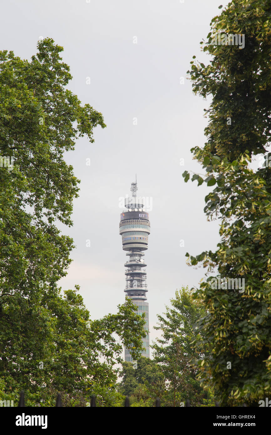 BT Tower im Zentrum von London aus der Ferne durch durch Bäume gesehen Stockfoto
