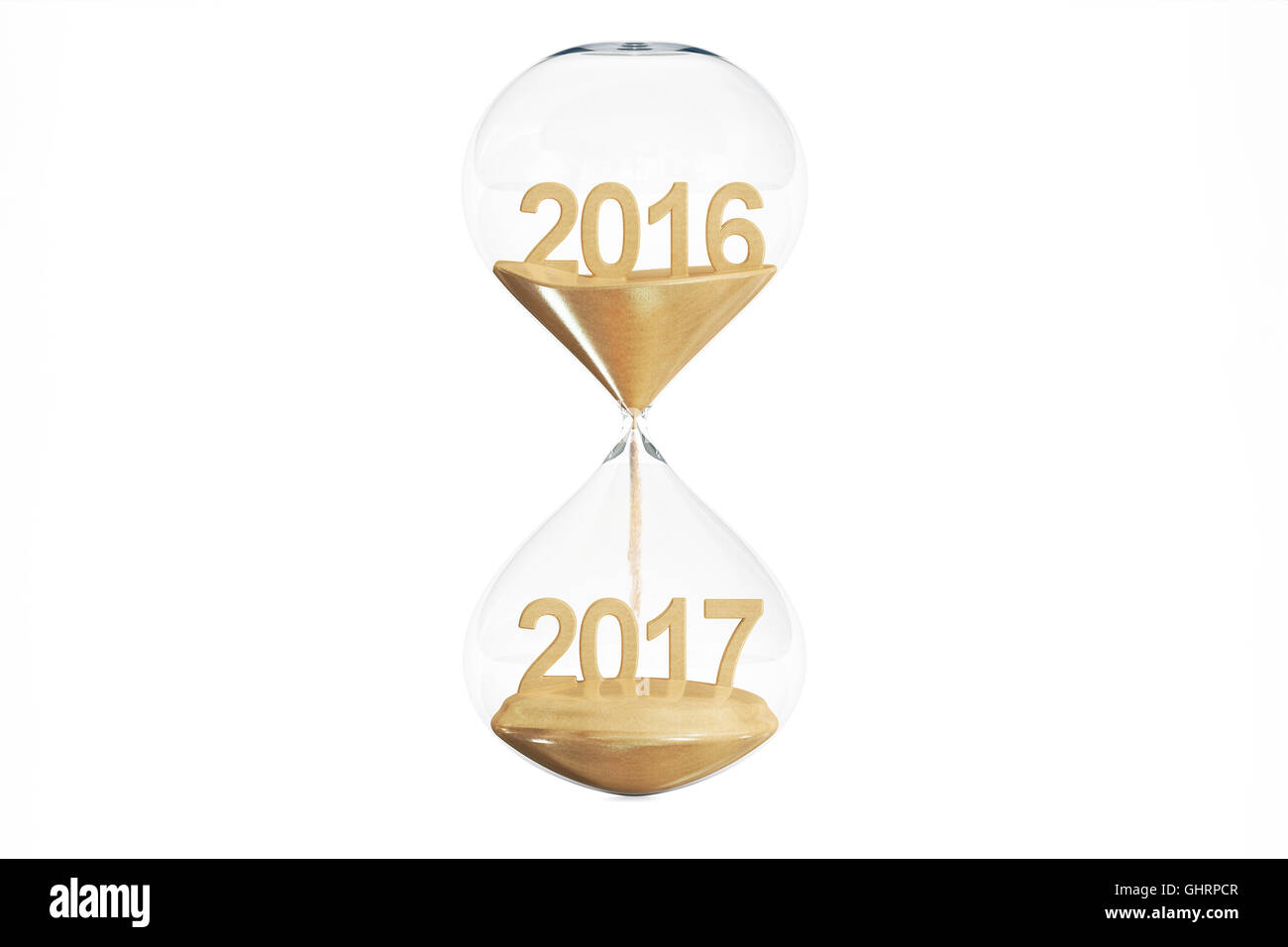Glückliches neues Jahr 2017 Konzept mit Sanduhr, 3D Rendering isoliert auf weißem Hintergrund Stockfoto