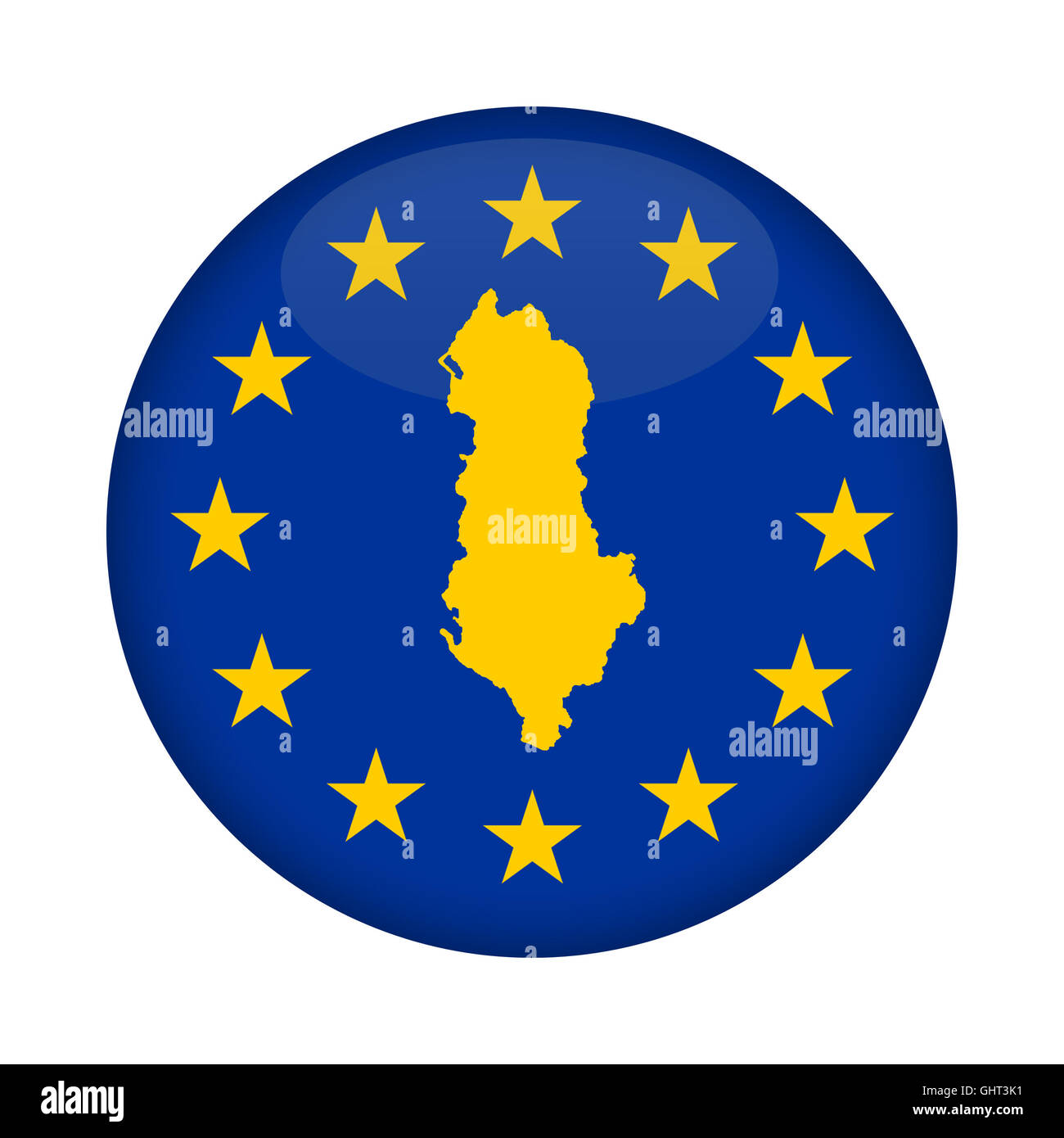 Albanien Karte auf Knopfdruck Europäische Union Flag isoliert auf einem weißen Hintergrund. Stockfoto