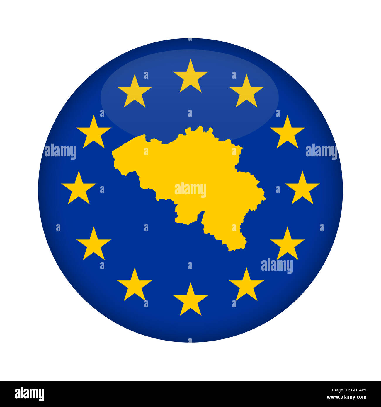 Belgien-Karte auf eine Europäische Union Flag Taste isoliert auf einem weißen Hintergrund. Stockfoto