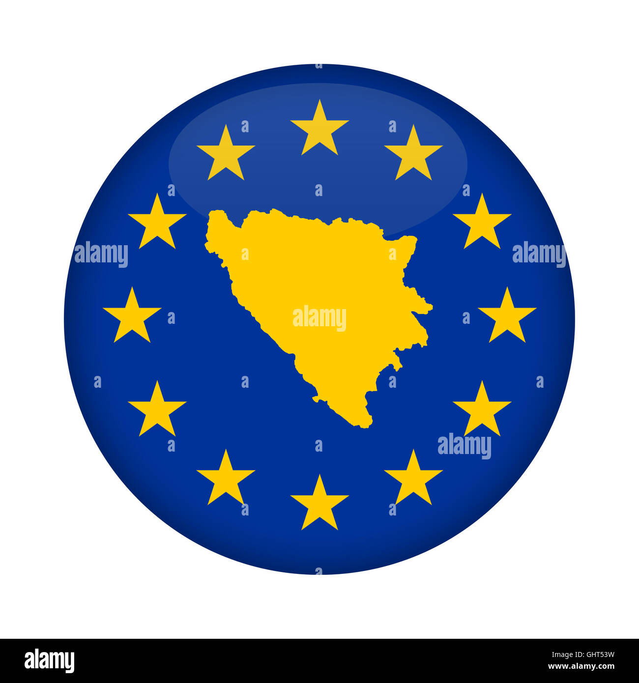 Bosnien und Herzegowina Karte auf Knopfdruck Europäische Union Flag isoliert auf einem weißen Hintergrund. Stockfoto
