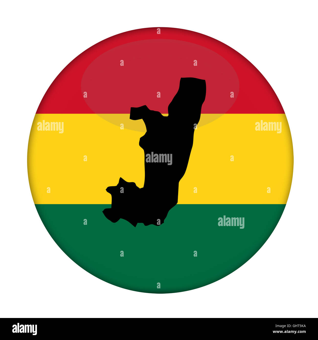 Kongo Landkarte auf Knopfdruck Rastafari Flagge, weißen Hintergrund. Stockfoto
