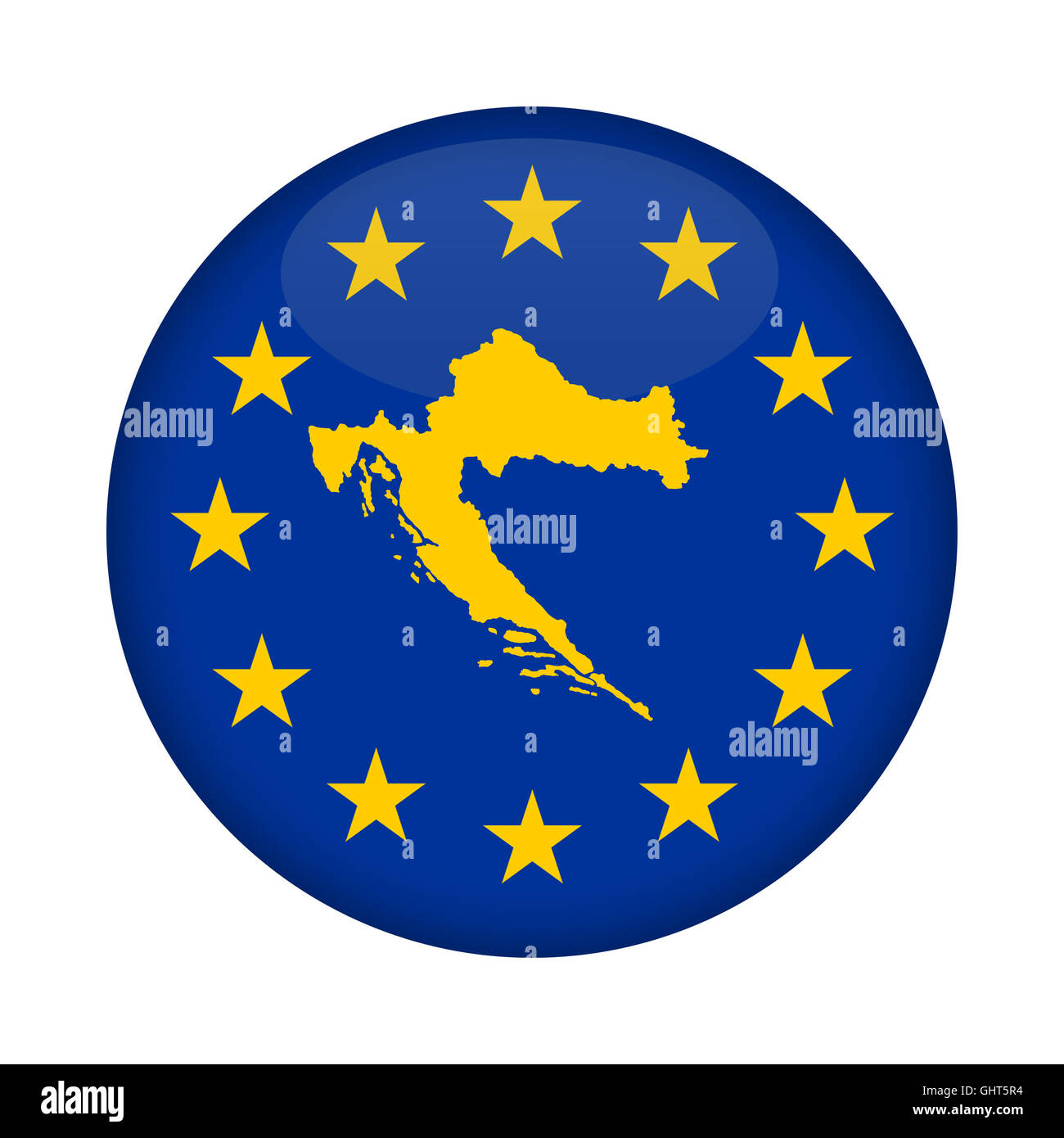Kroatien Landkarte auf Knopfdruck Europäische Union Flag isoliert auf einem weißen Hintergrund. Stockfoto