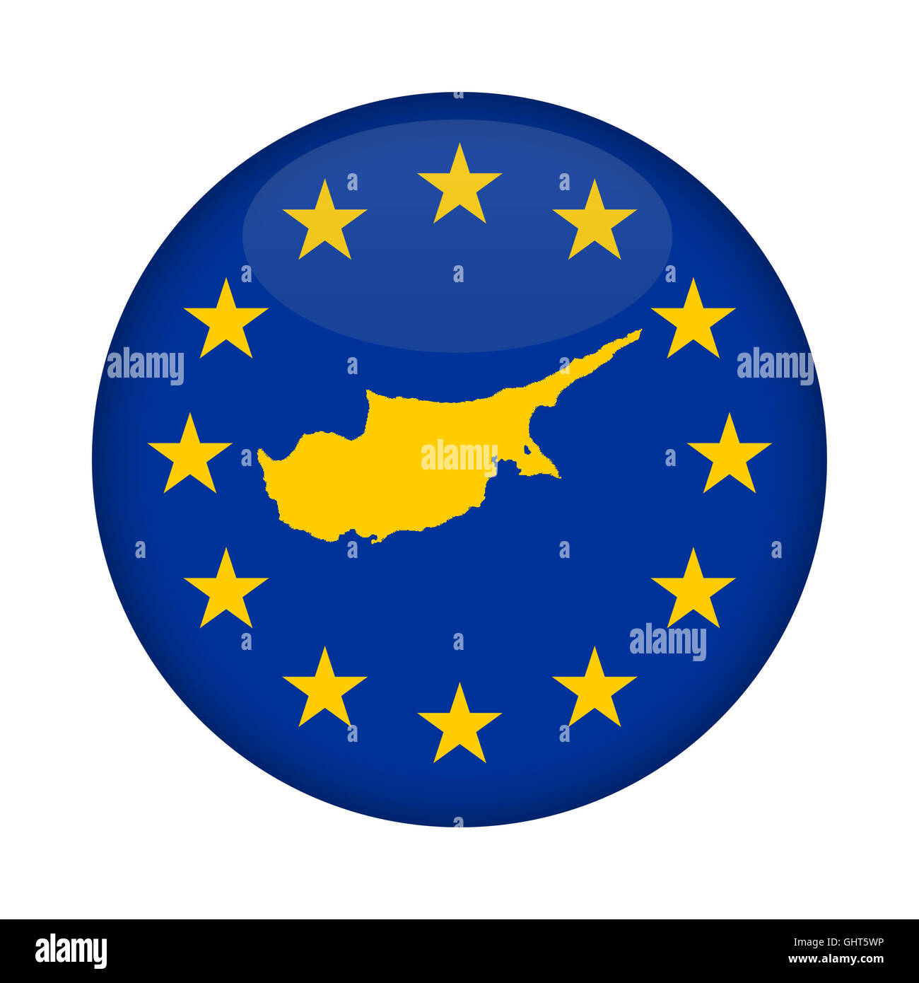Zypern Landkarte auf Knopfdruck Europäische Union Flag isoliert auf einem weißen Hintergrund. Stockfoto