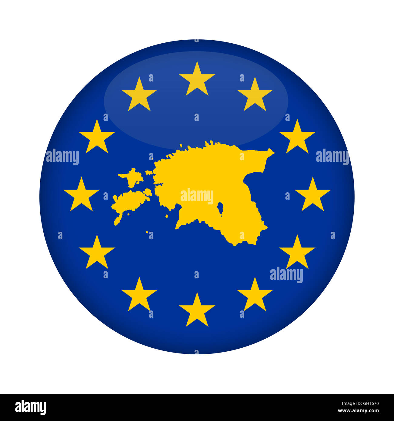 Estland-Karte auf eine Europäische Union Flag Taste isoliert auf einem weißen Hintergrund. Stockfoto