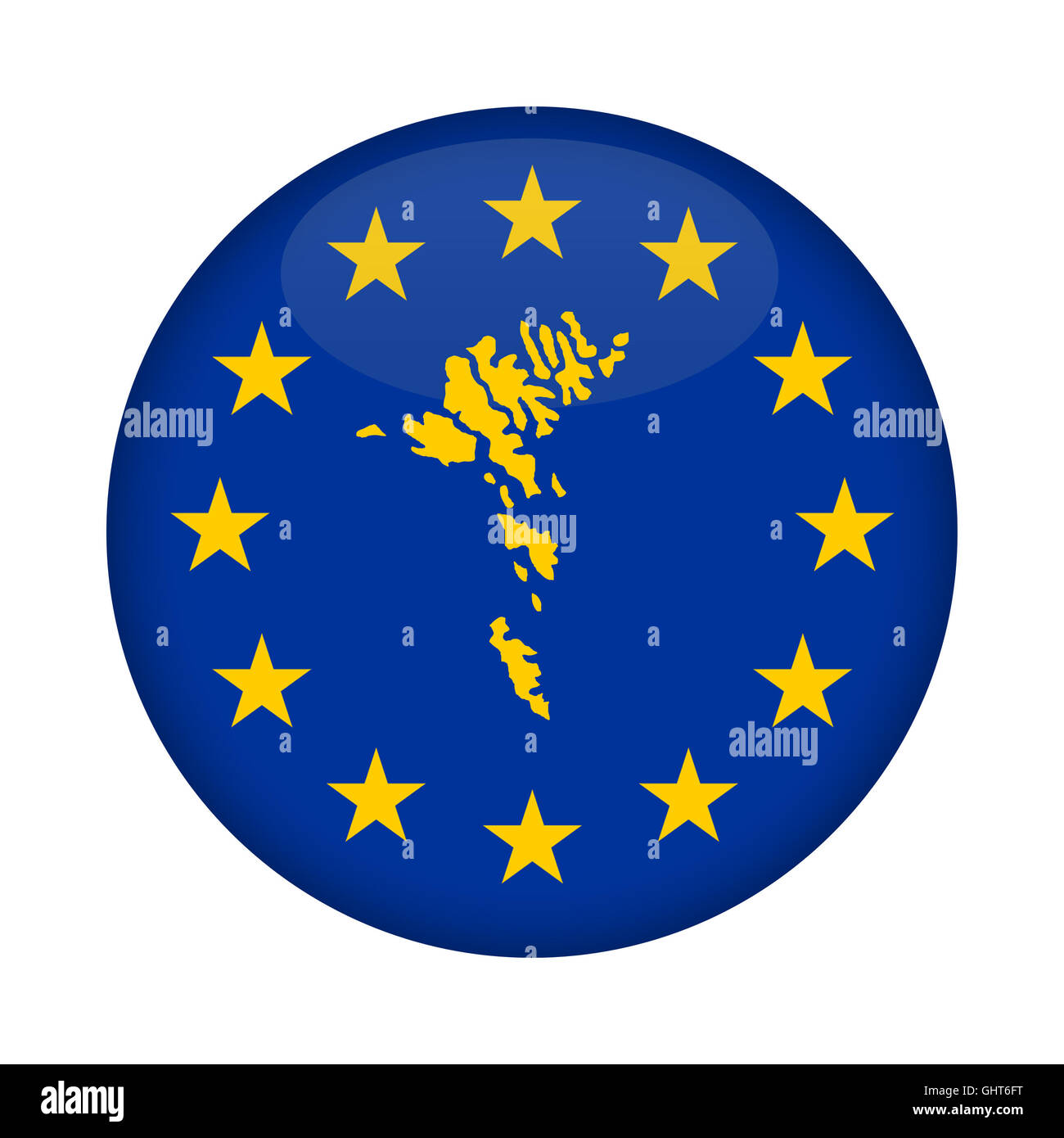Färöer Inseln Karte auf Knopfdruck Europäische Union Flag isoliert auf einem weißen Hintergrund. Stockfoto