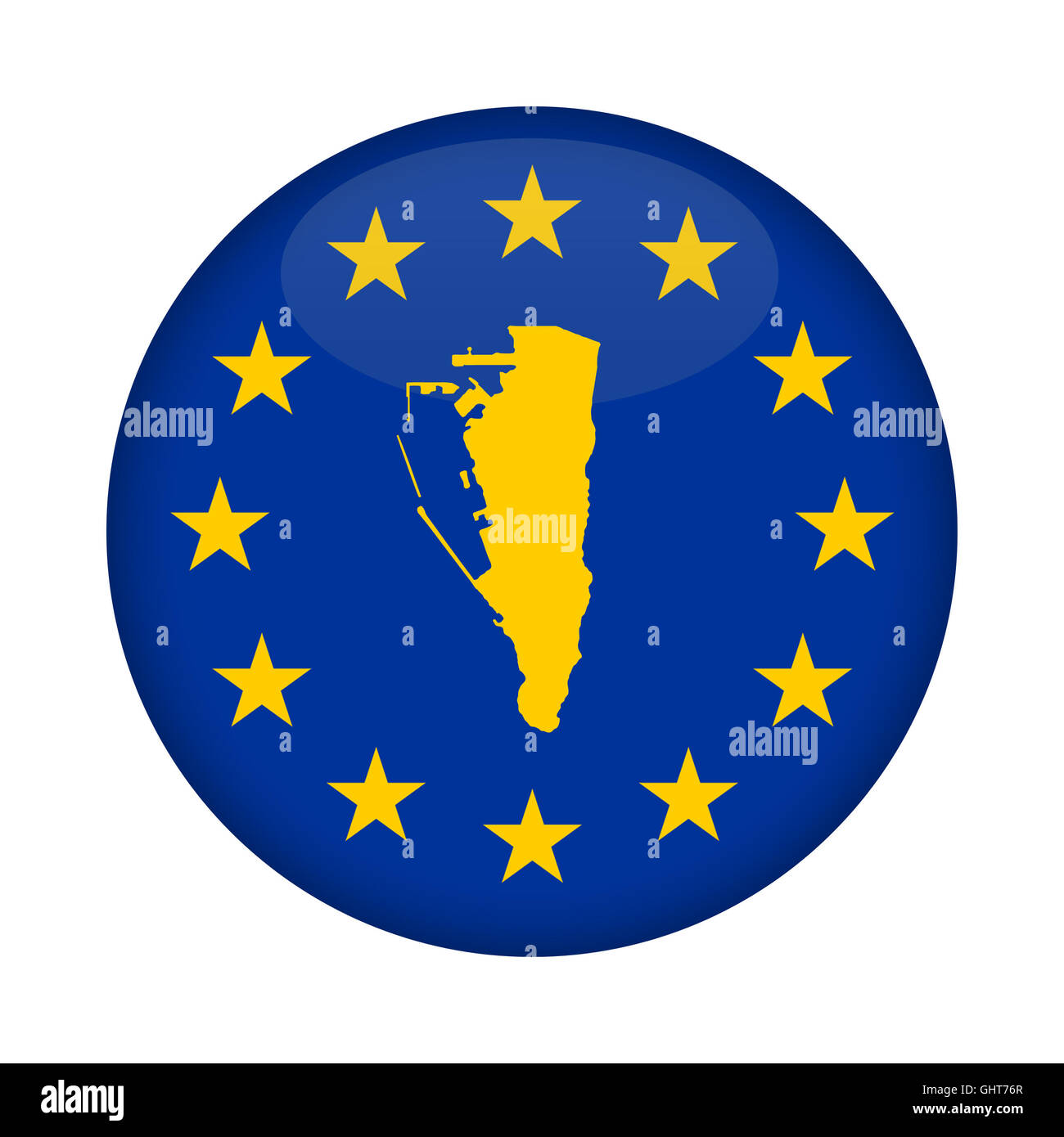 Gibraltar Karte auf Knopfdruck Europäische Union Flag isoliert auf einem weißen Hintergrund. Stockfoto