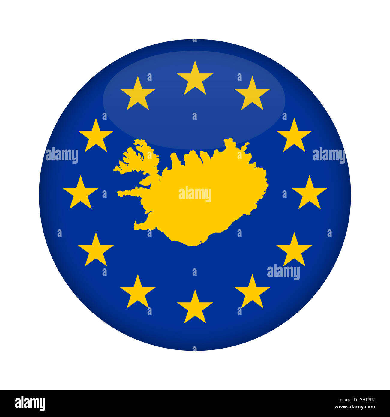 Island Karte auf Knopfdruck Europäische Union Flag isoliert auf einem weißen Hintergrund. Stockfoto
