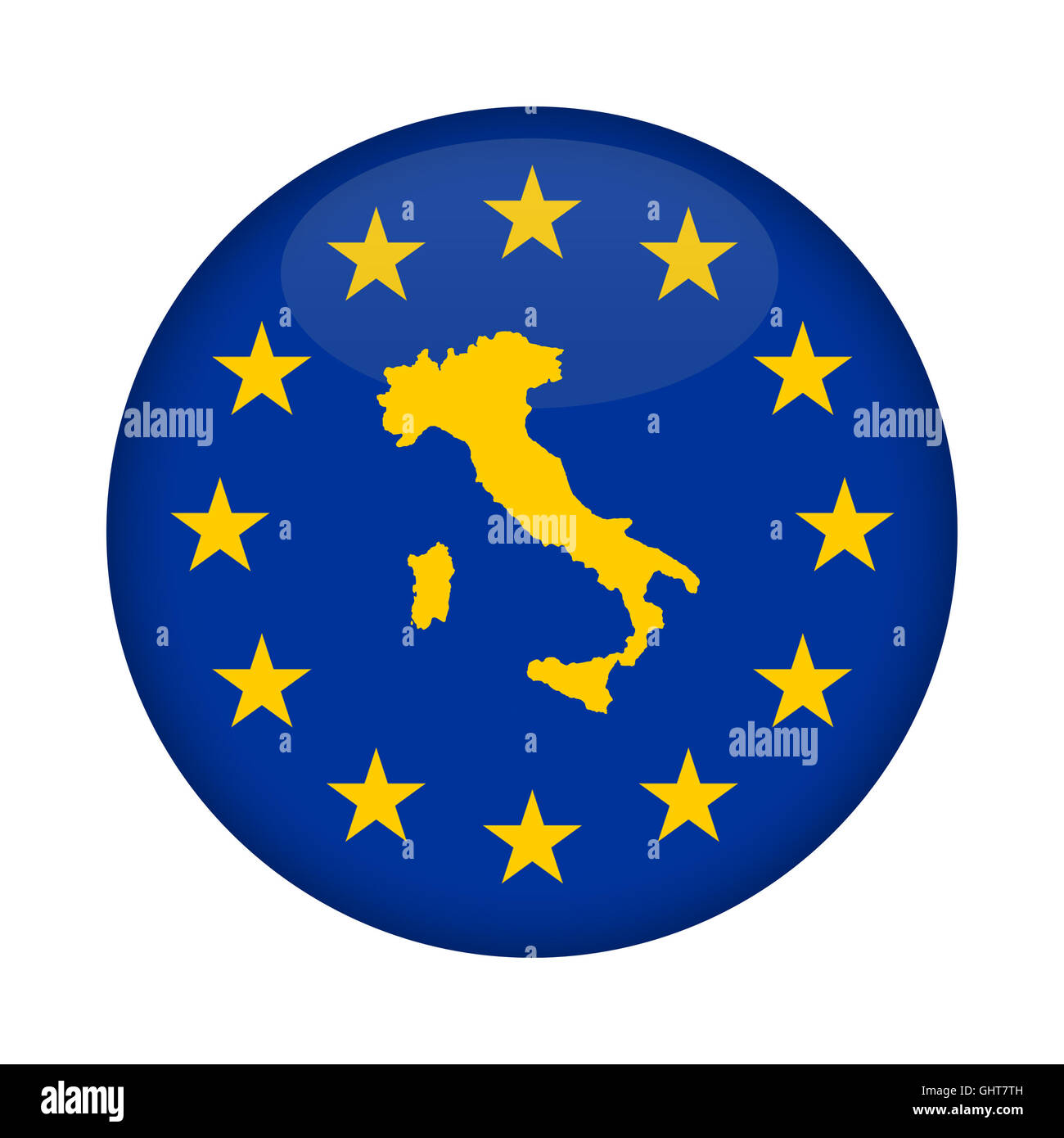 Italien Karte auf Knopfdruck Europäische Union Flag isoliert auf einem weißen Hintergrund. Stockfoto