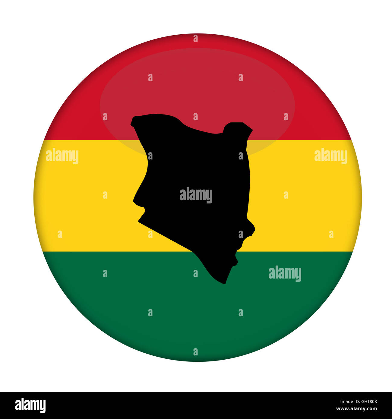 Kenia Karte auf Knopfdruck Rastafari Flagge, weißen Hintergrund. Stockfoto