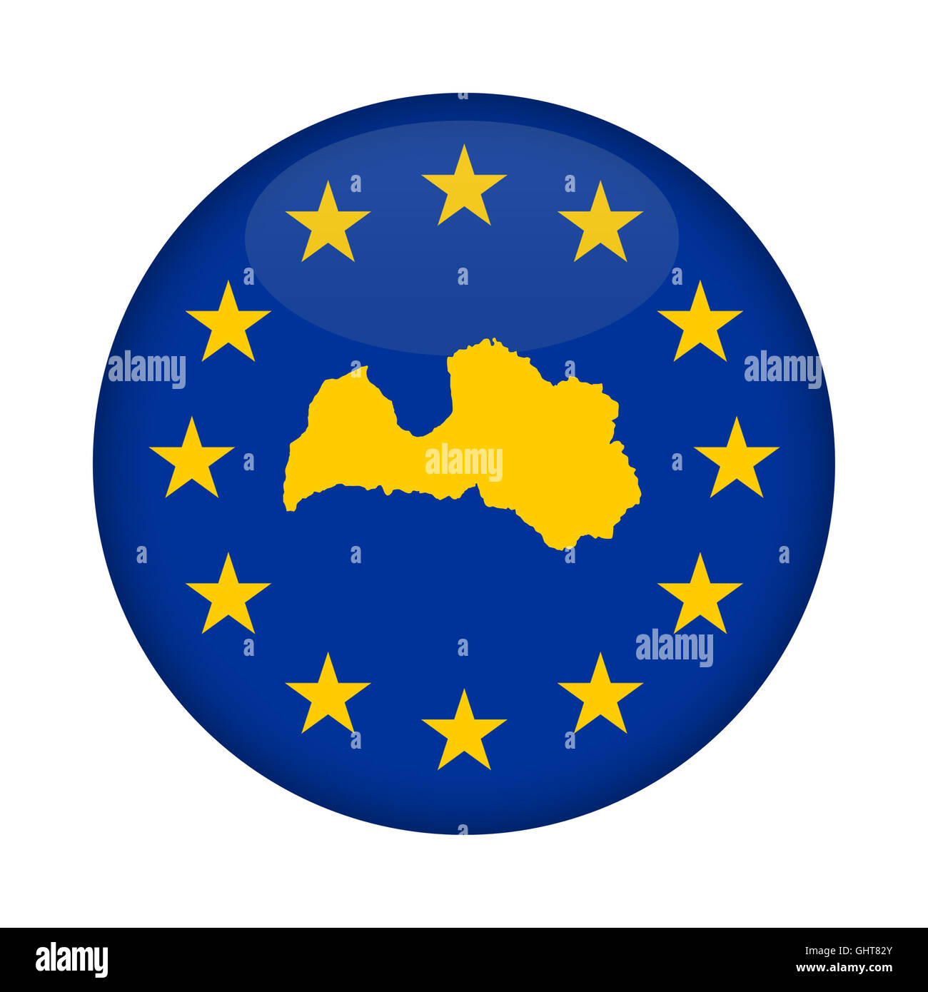 Lettland-Karte auf eine Europäische Union Flag Taste isoliert auf einem weißen Hintergrund. Stockfoto