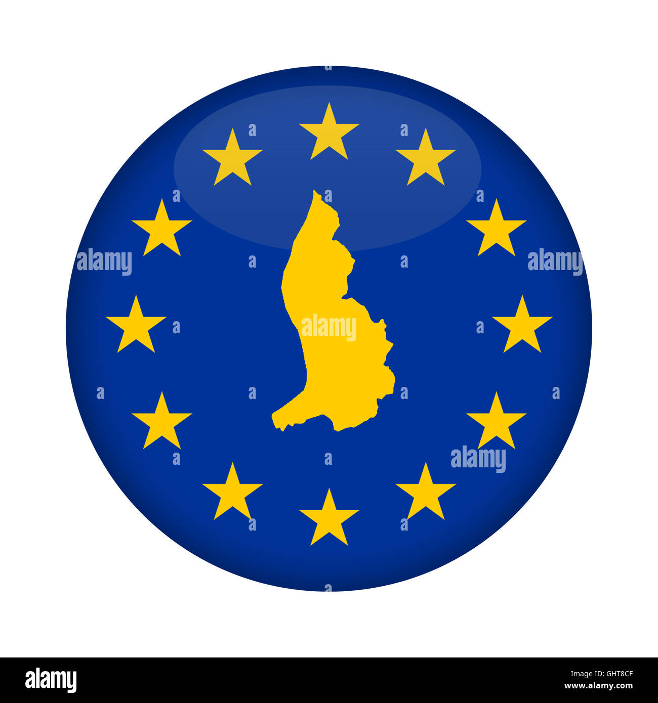 Liechtensteinische Karte auf Knopfdruck Europäische Union Flag isoliert auf einem weißen Hintergrund. Stockfoto