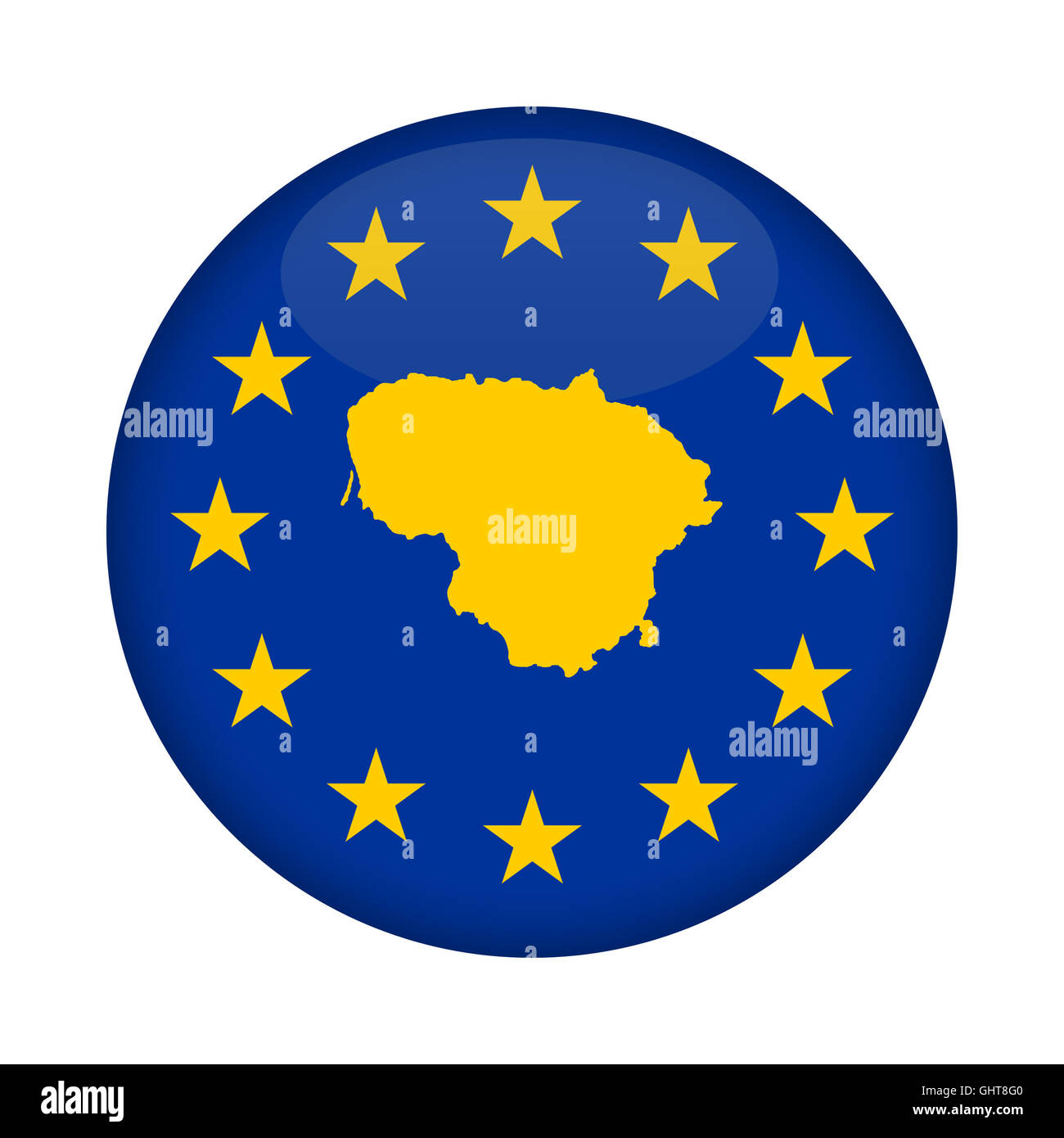 Litauen Karte auf Knopfdruck Europäische Union Flag isoliert auf einem weißen Hintergrund. Stockfoto