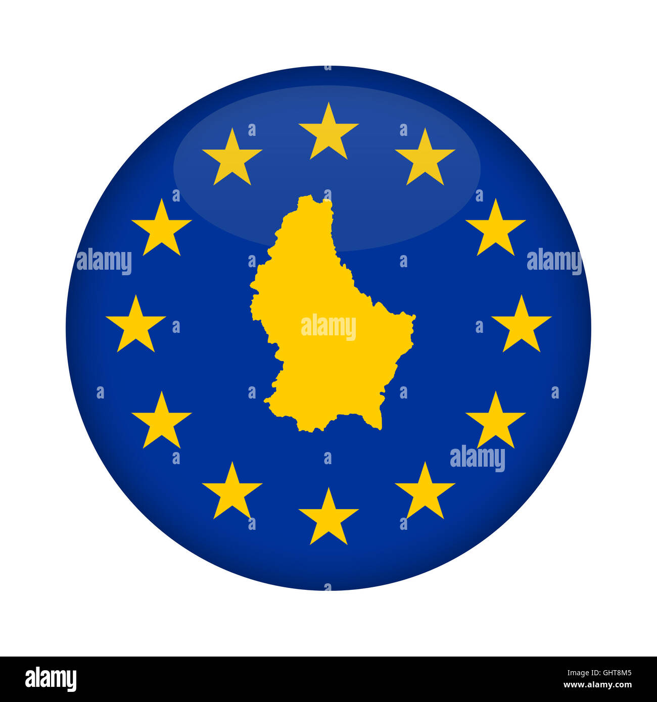 Luxemburg-Karte auf eine Europäische Union Flag Taste isoliert auf einem weißen Hintergrund. Stockfoto