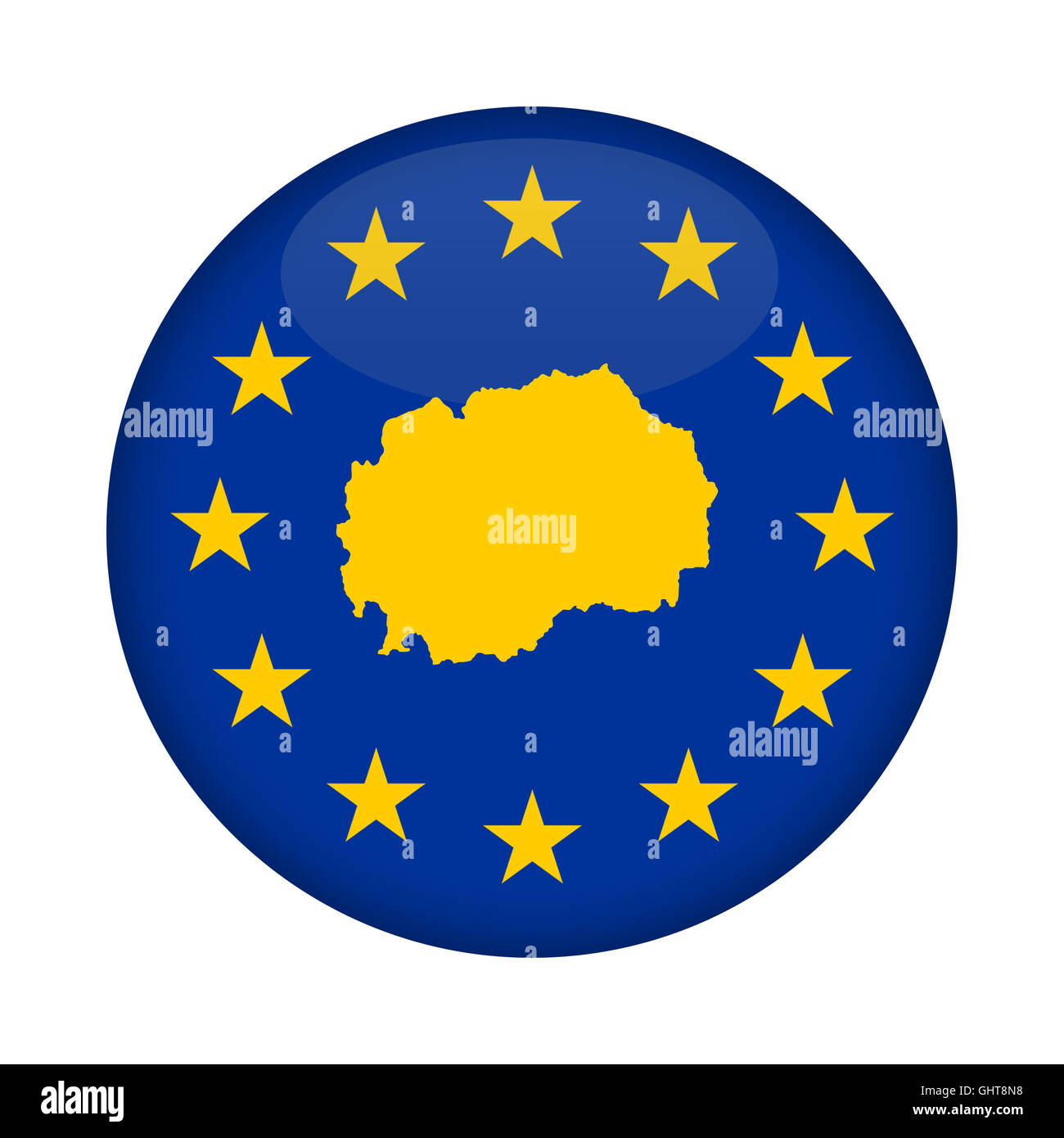 Mazedonien Karte auf Knopfdruck Europäische Union Flag isoliert auf einem weißen Hintergrund. Stockfoto