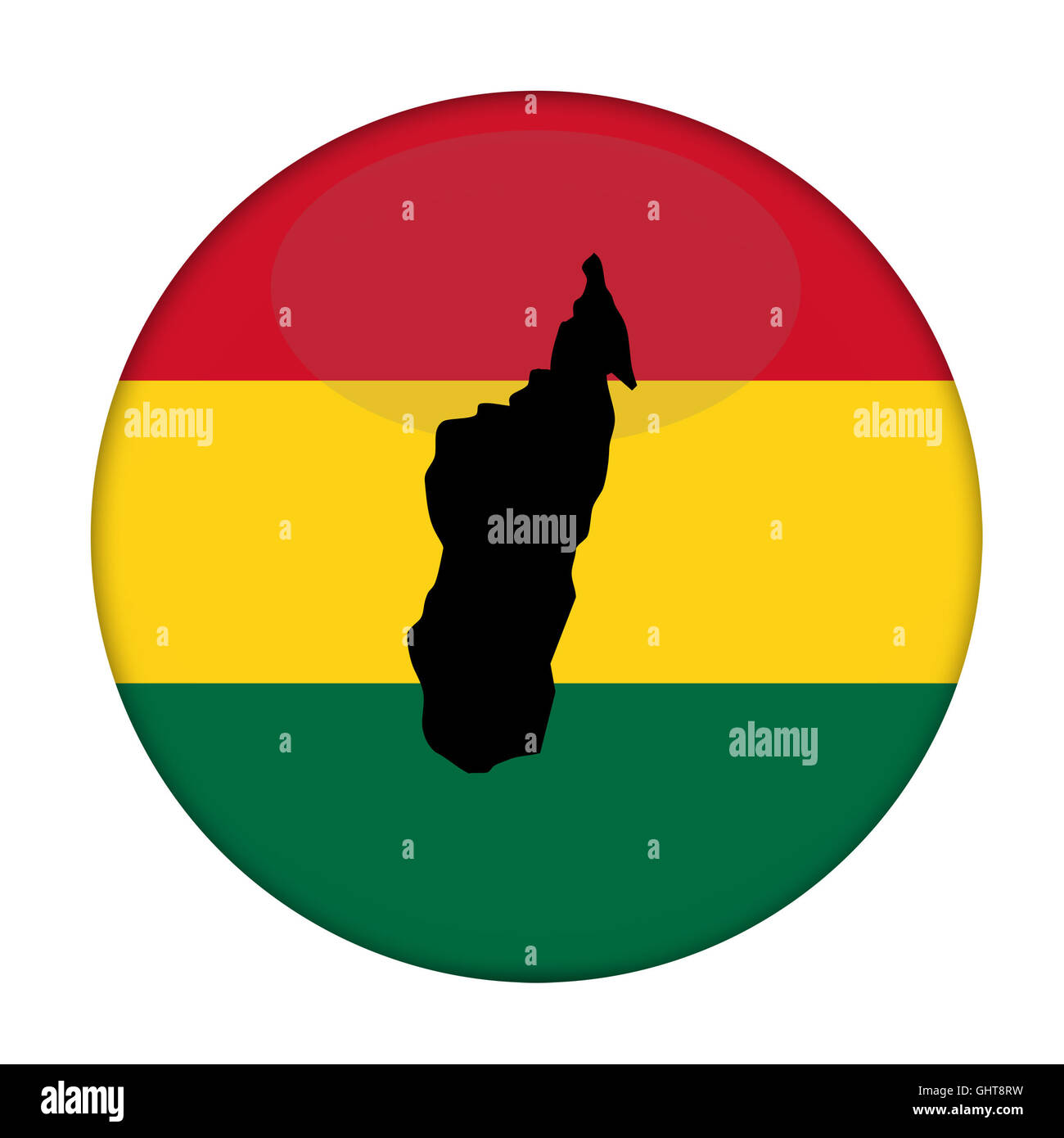 Madagaskar-Karte auf Knopfdruck Rastafari Flagge, weißen Hintergrund. Stockfoto