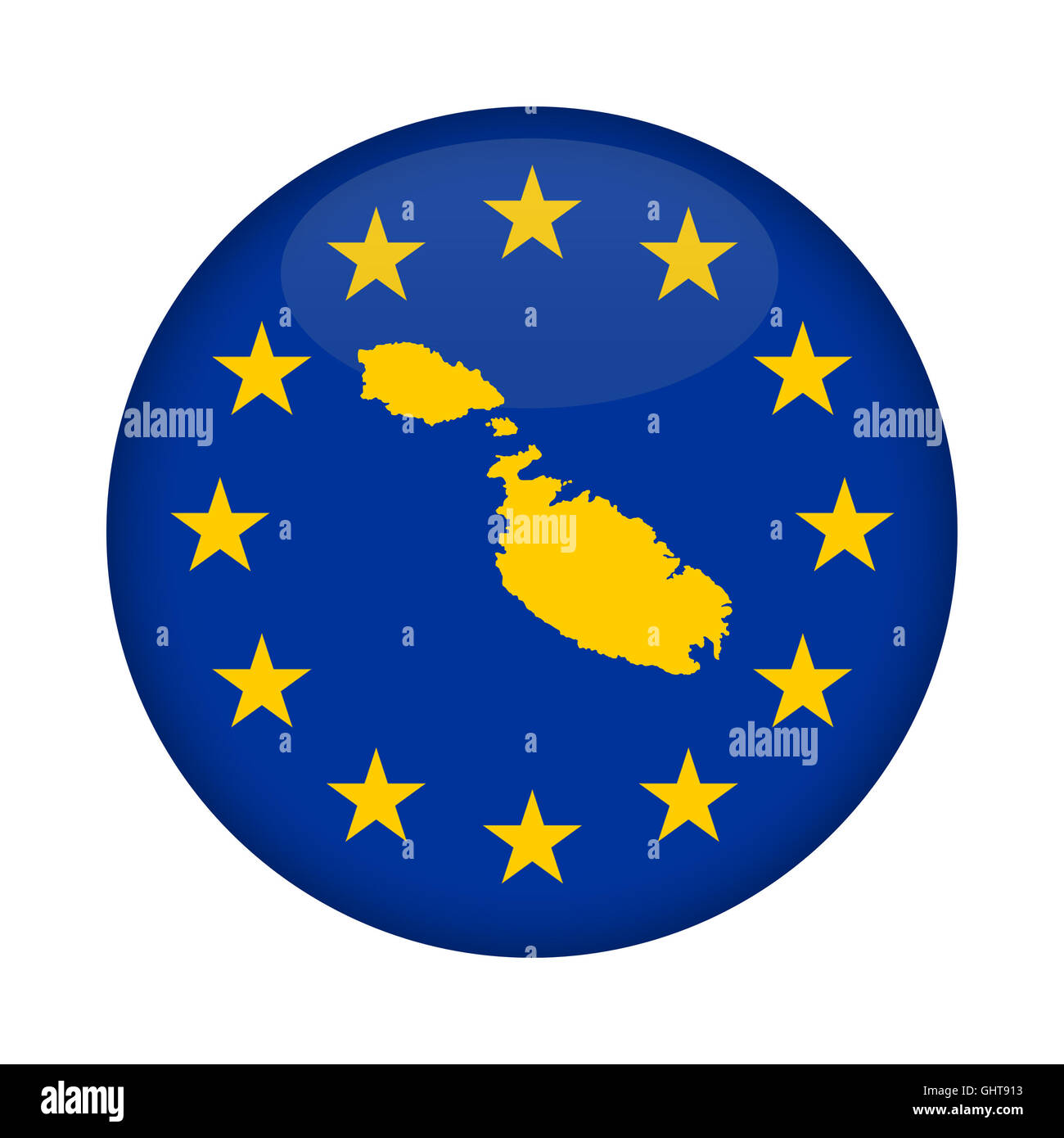 Malta Karte auf Knopfdruck Europäische Union Flag isoliert auf einem weißen Hintergrund. Stockfoto