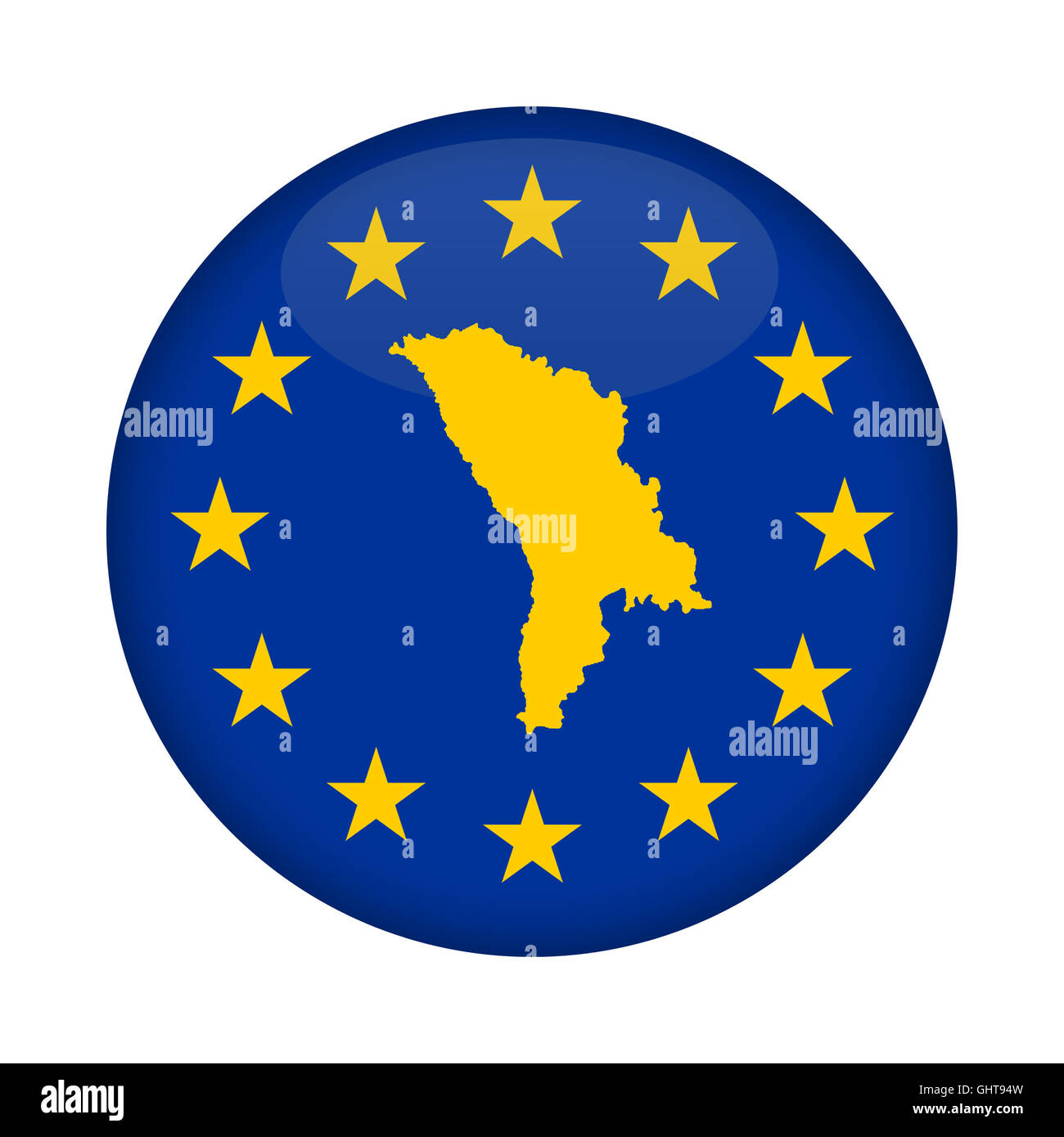 Republik Moldau Karte auf Knopfdruck Europäische Union Flag isoliert auf einem weißen Hintergrund. Stockfoto